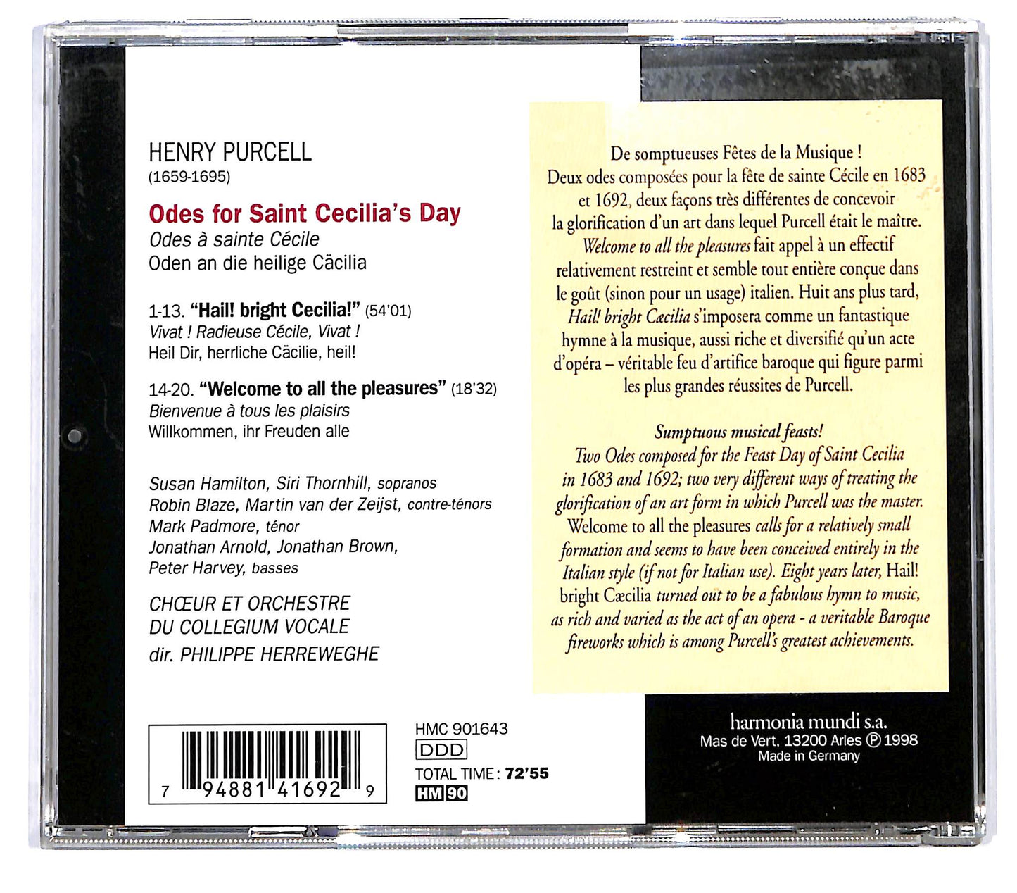 EBOND Purcell , Collegium Vocale , Philippe Herreweghe - Odes A Sainte Cecile CD CD136640