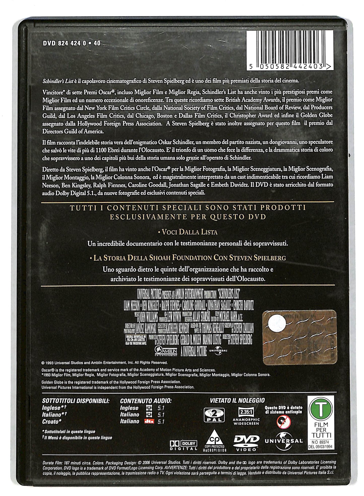 EBOND Schindler's List EDIZIONE SPECIALE DVD DB602828