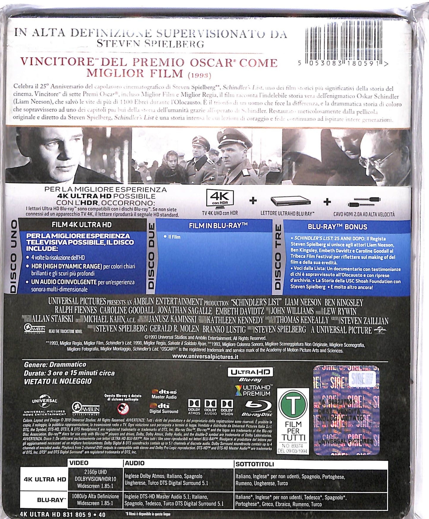 EBOND Schindler's List 4K Ultra HD + 2 BLURAY SteelBook BLURAY BLURAY DB672143