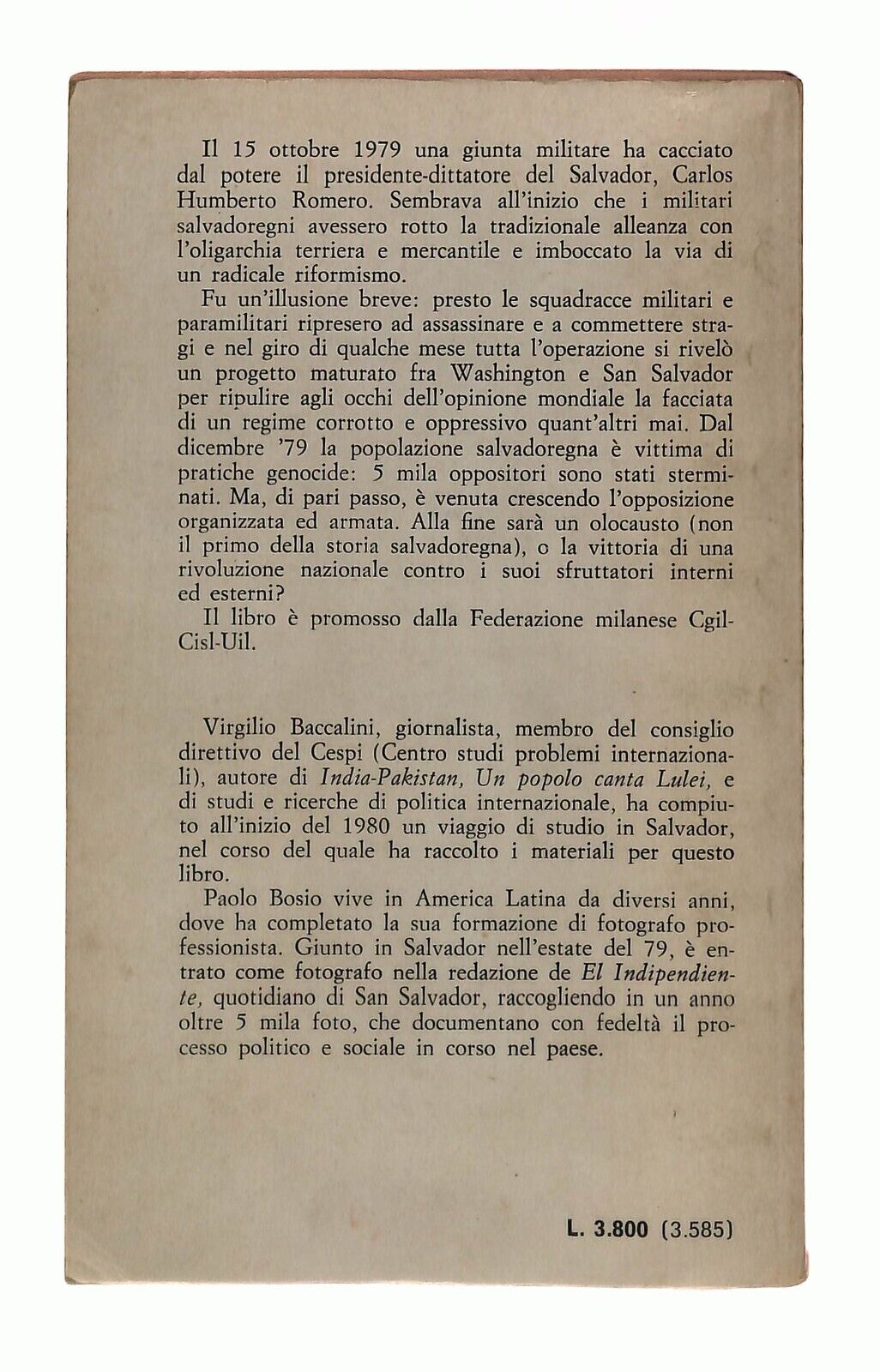 EBOND El Salvador Verso L'insurrezione V.baccalini P. Bosio 1980 Libro LI030758