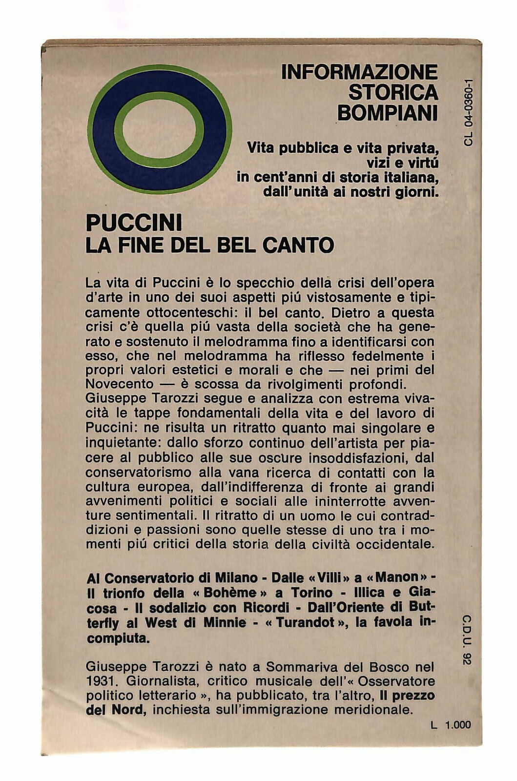 EBOND Puccini La Fine Del Bel Canto Giuseppe Tarozzi Bompiani Libro LI039165