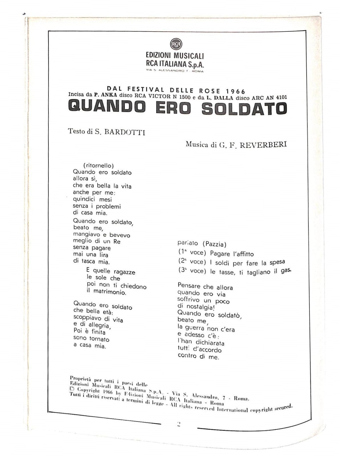 EBOND Spartiti Paul Anka Lucio Dalla - Quando Ero Soldato Libro LI040283