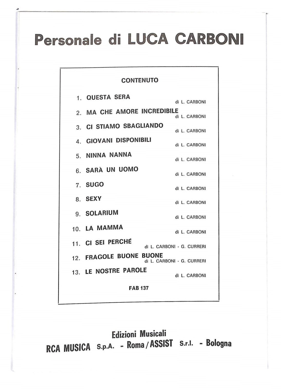 EBOND Spartiti Musicali - Personale Di Luca Carboni Libro LI040295