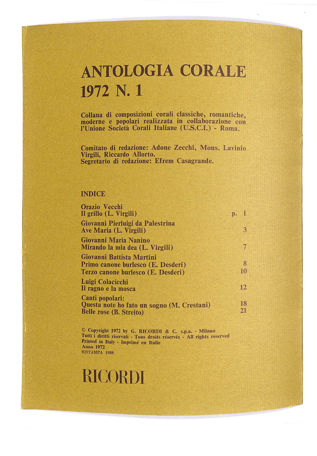 EBOND Spartiti - Antologia Corale 1972 N.1 Libro LI040532