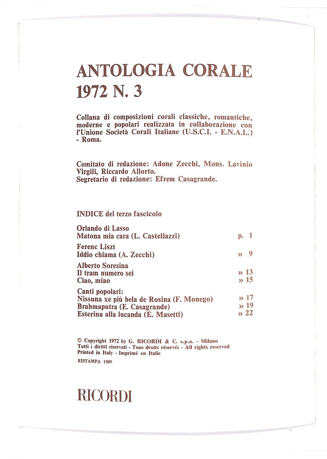 EBOND Spartiti - Antologia Corale 1972 N.3 Libro LI040534