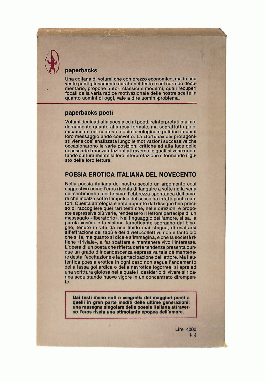 EBOND Poesia Erotica Italiana Del Novecento Cura Carlo Villa 1981 Libro LI042761