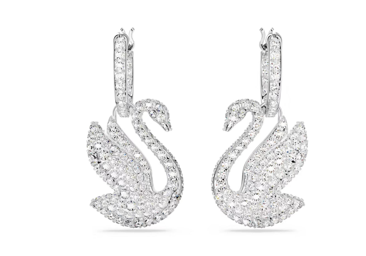 Swarovski 5647545 Orecchini pendenti Iconic Swan Cigno Bianchi Placcato Rodio