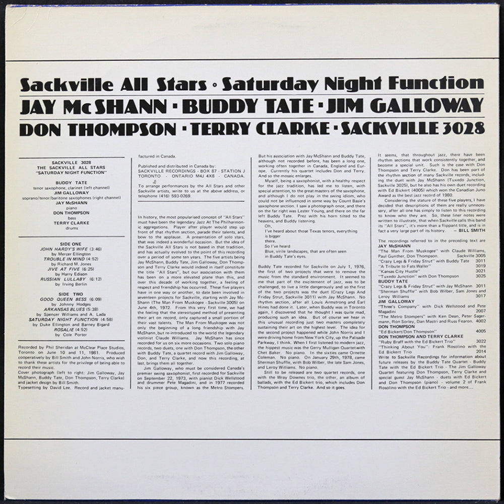 EBOND J McShann, B Tate, J Galloway, D Thompson & T Clarke - Sackville All Stars - Saturday Night Function Vinile V005107