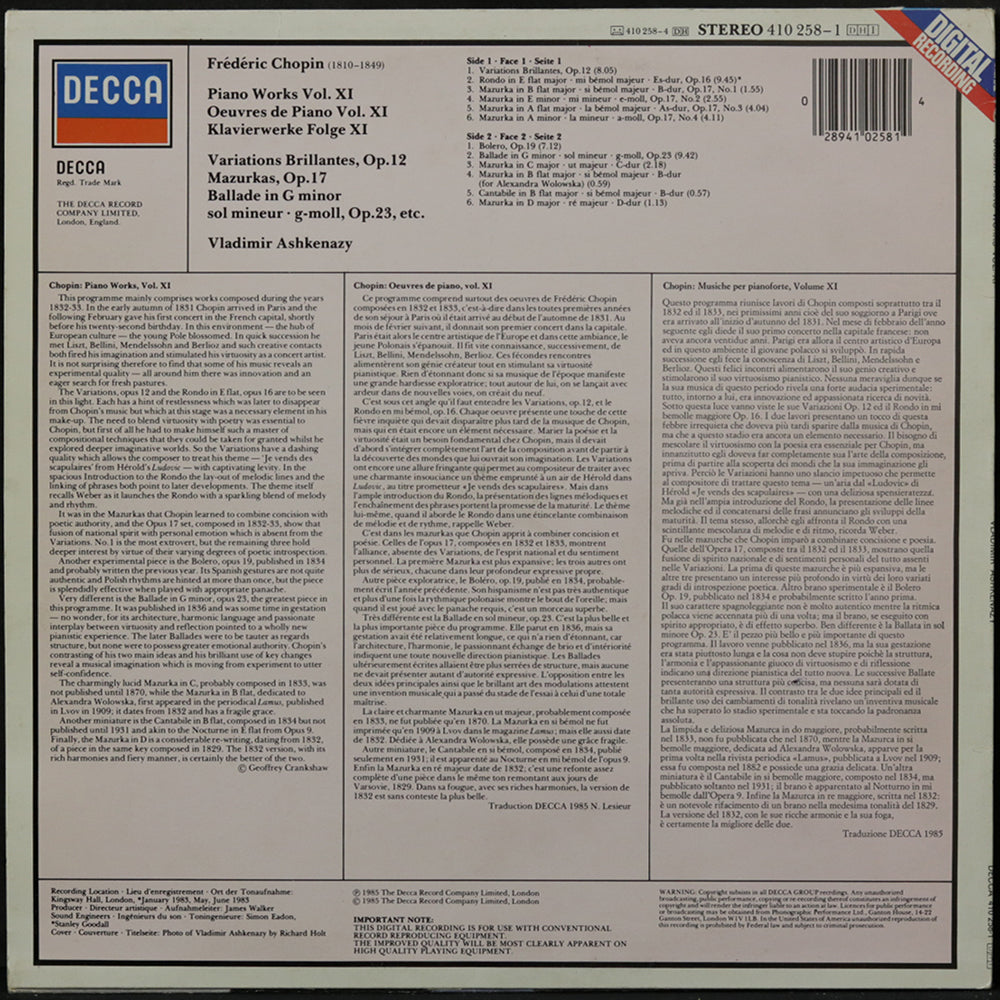 EBOND Chopin Vladimir Ashkenazy - Piano Works Vol. XI Vinile V007141