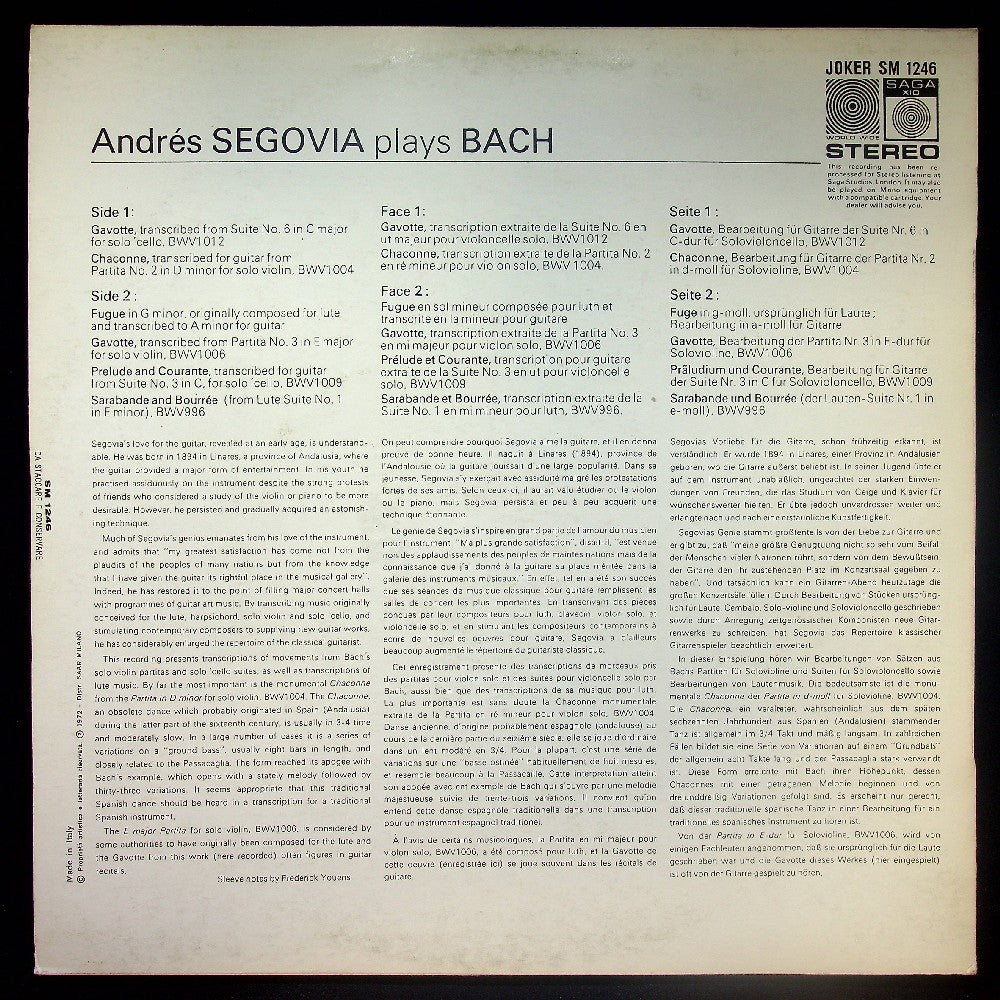 EBOND Segovia - Segovia Plays Bach Vinile V026101