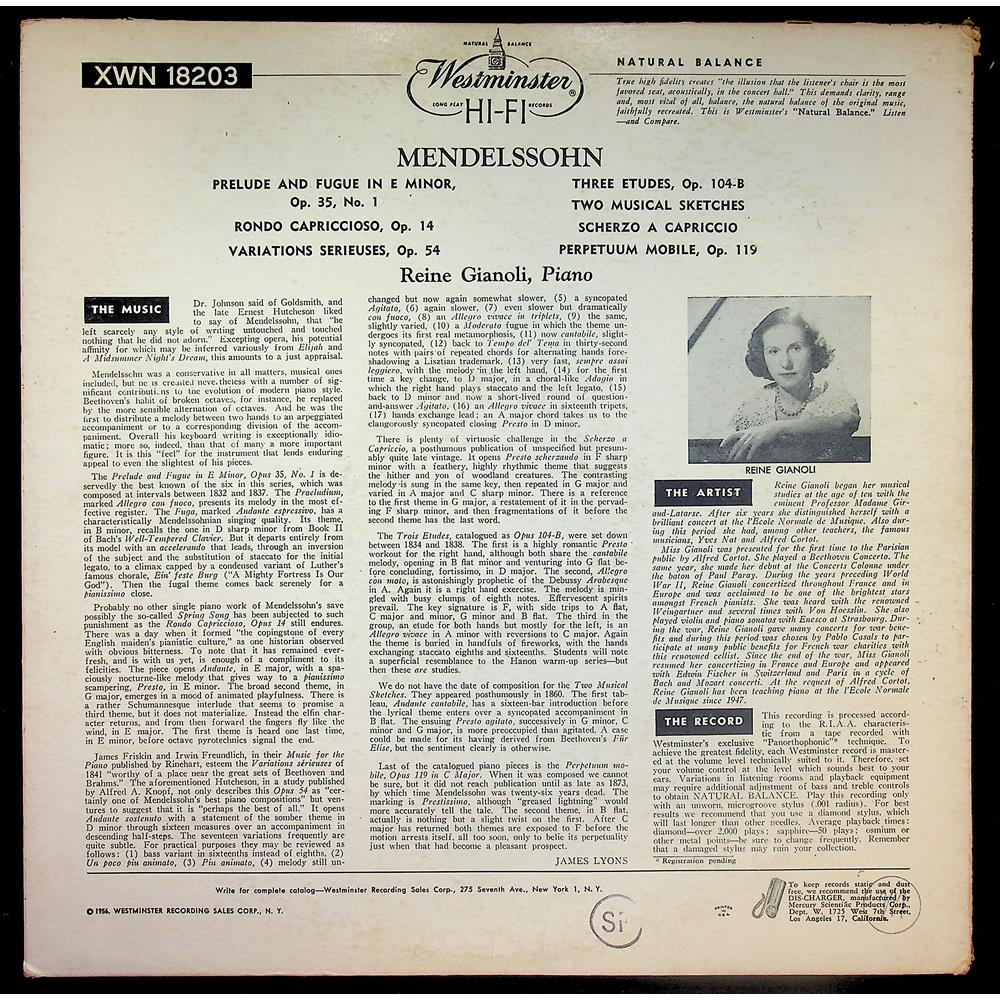 EBOND Reine Gianoli - Reine Gianoli Plays Mendelssohn Vinile V046018