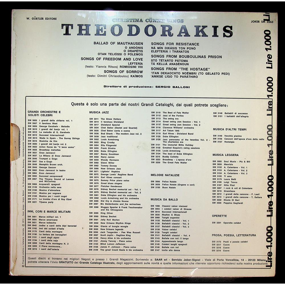 EBOND C. Cunne Sings Theodorakis - Canti Della Resistenza Vinile V050023