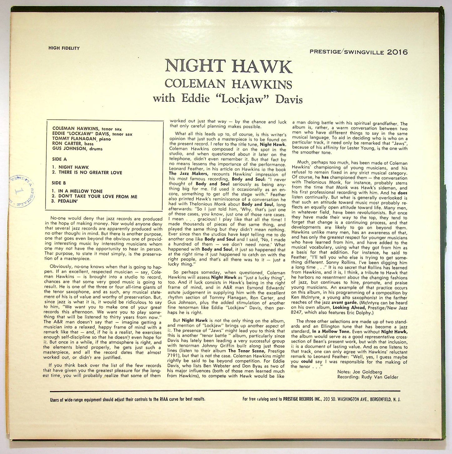 EBOND Coleman Hawkins With Eddie Davis - Night Hawk Vinile V071051