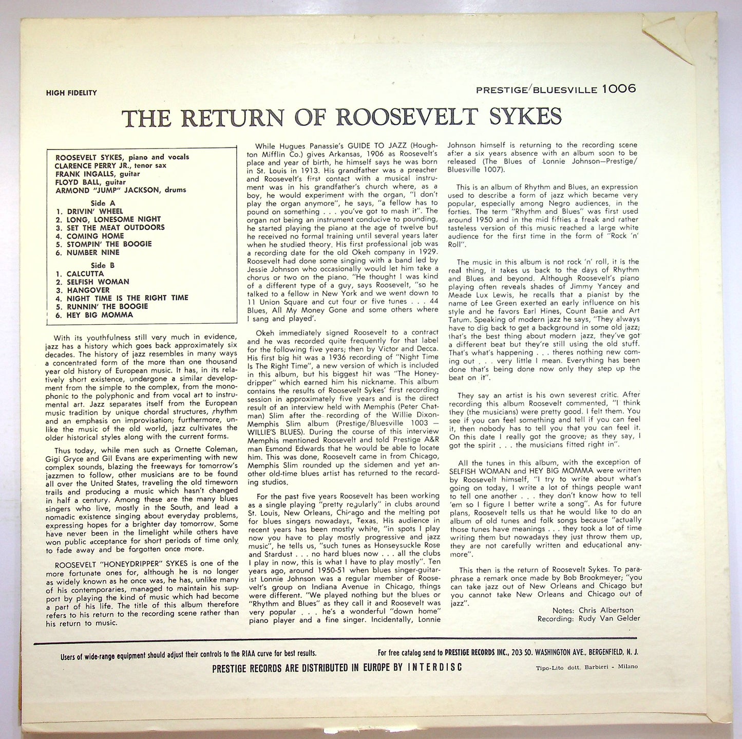 EBOND Roosevelt Sykes - The Return Of Roosevelt Sykes Vinile V071133