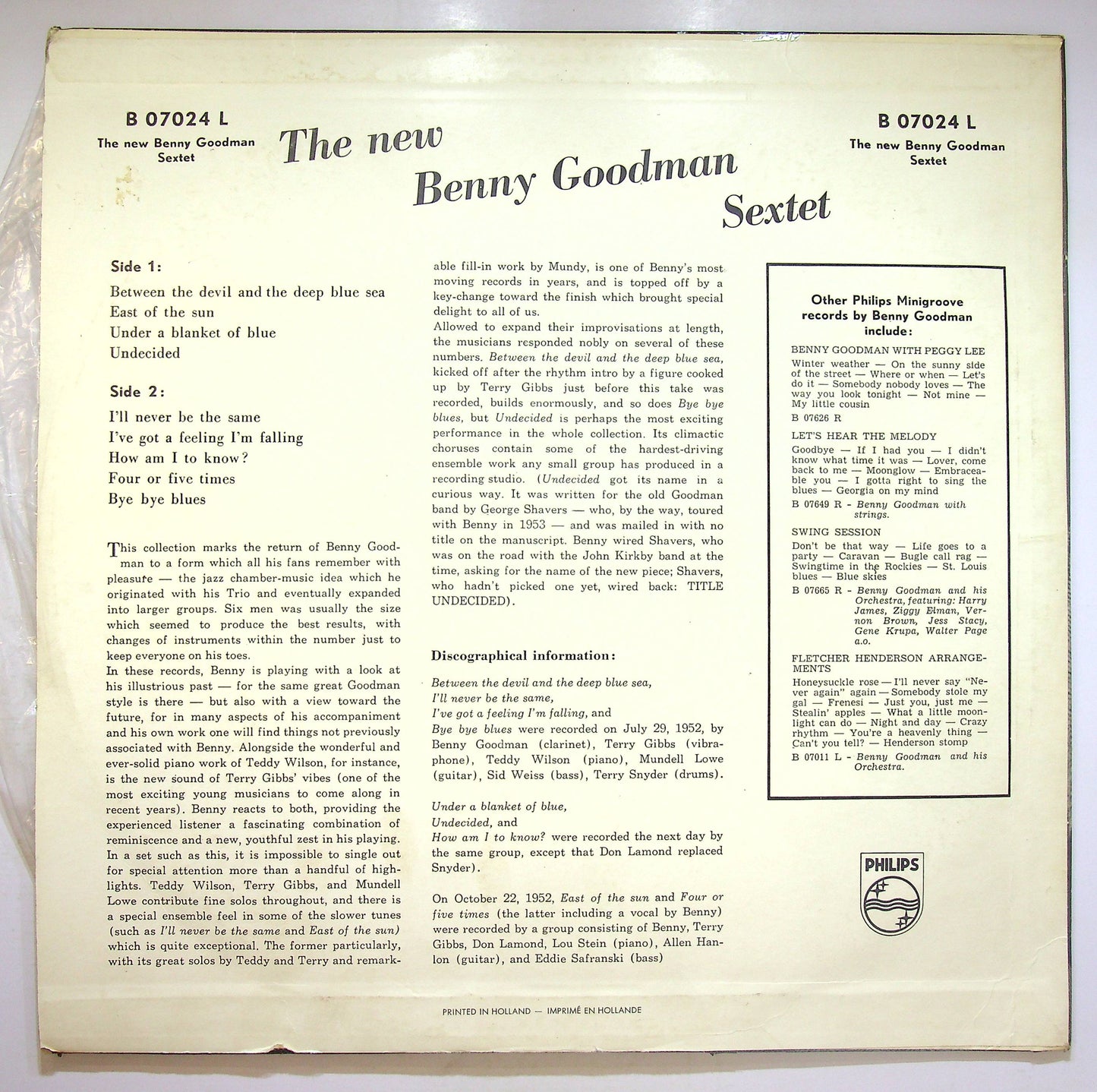 EBOND Benny Goodman Sextet - The New Benny Goodman Sextet Vinile V072017