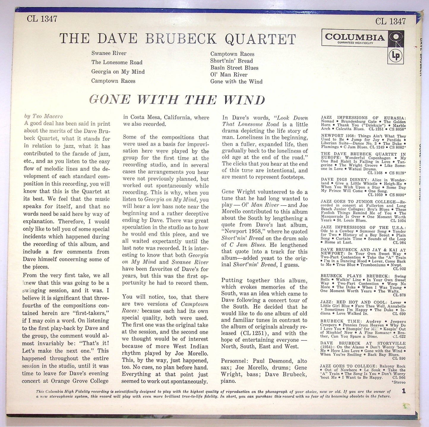 EBOND The Dave Brubeck Quartet - Gone With The Wind Vinile V072123