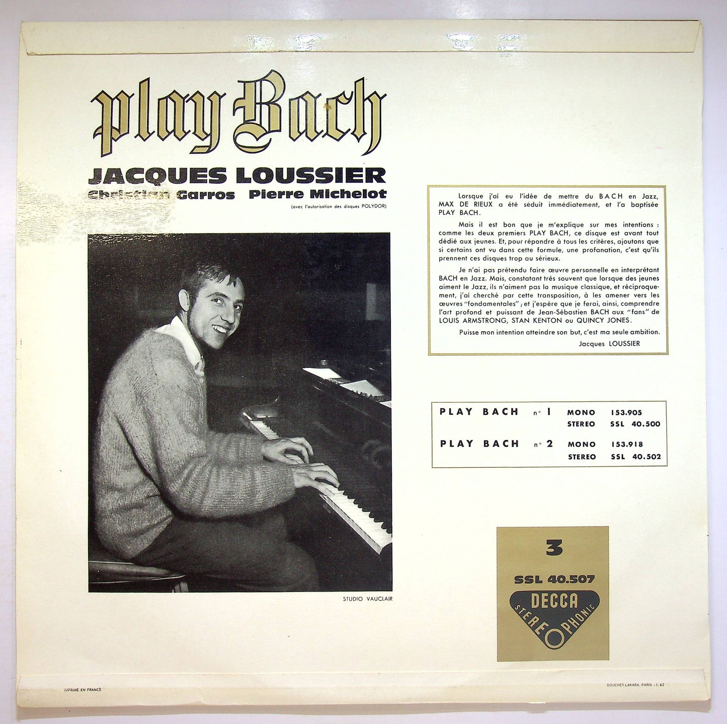 EBOND Jacques Loussier - Garros - Michelot - Play Bach No. 3 Vinile V072142