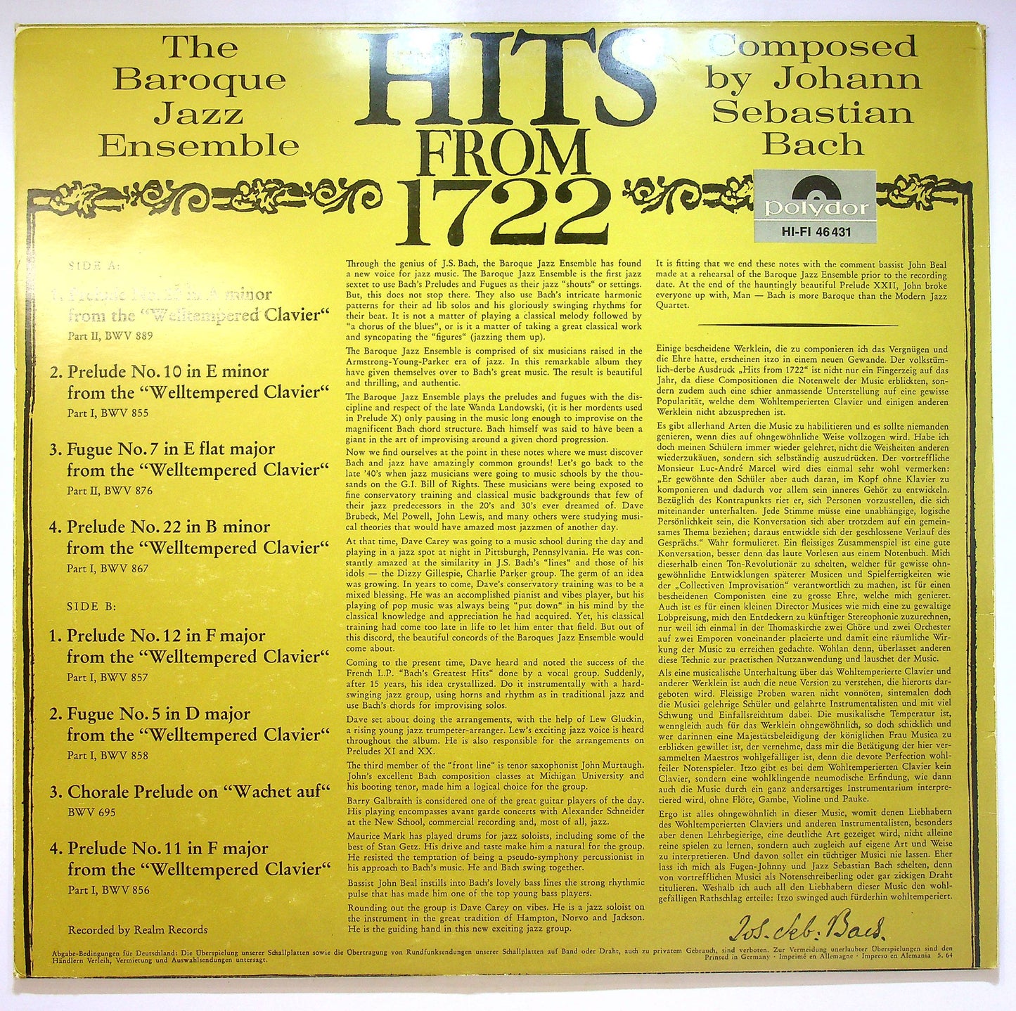 EBOND The Baroque Jazz Ensemble - Hits From 1722 Vinile V073001