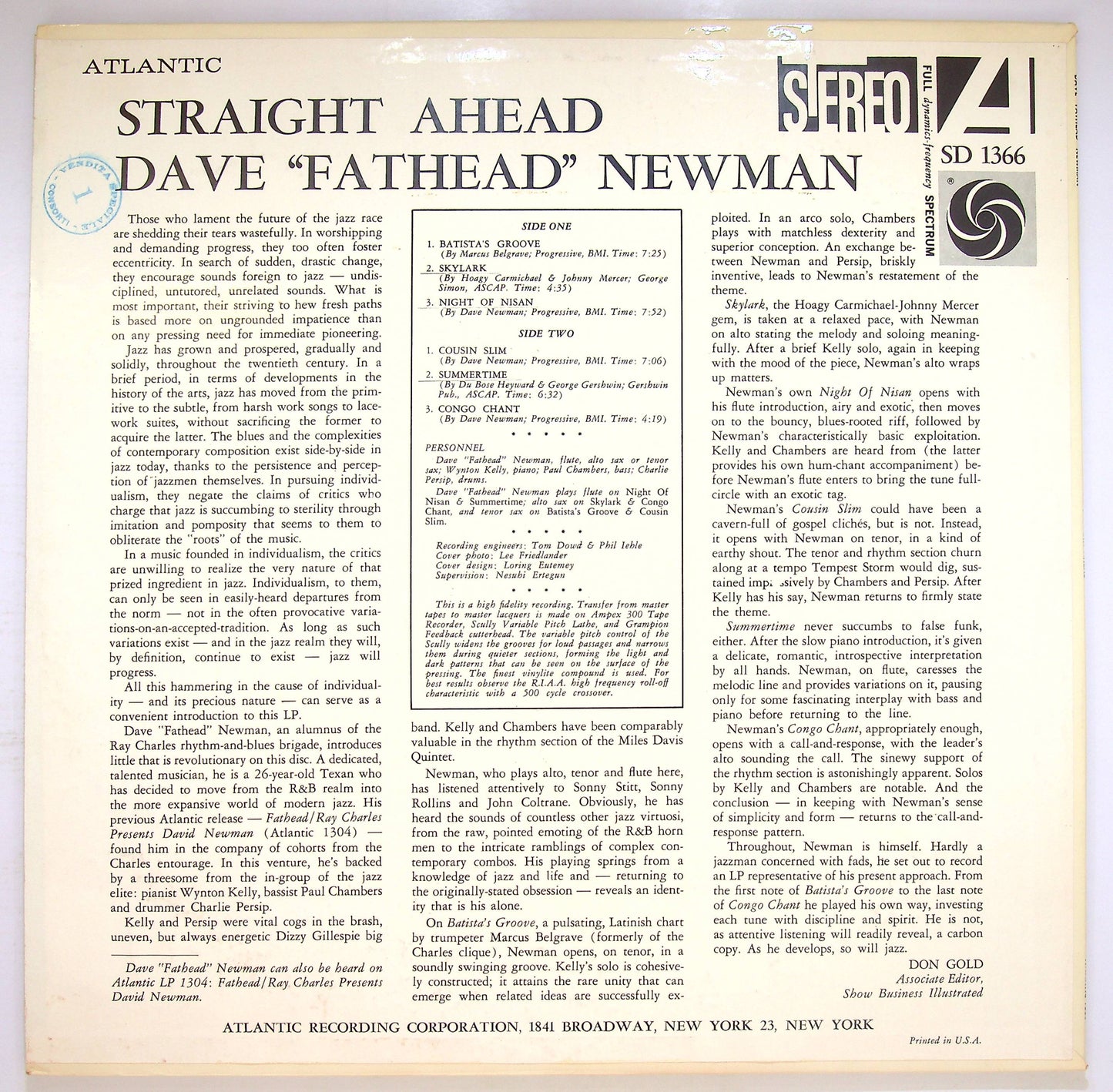 EBOND Dave 'Fathead' Newman - Straight Ahead Vinile V073124