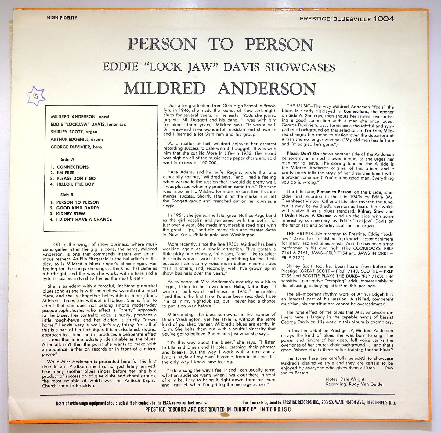 EBOND Mildred Anderson - Person To Person Vinile V073148