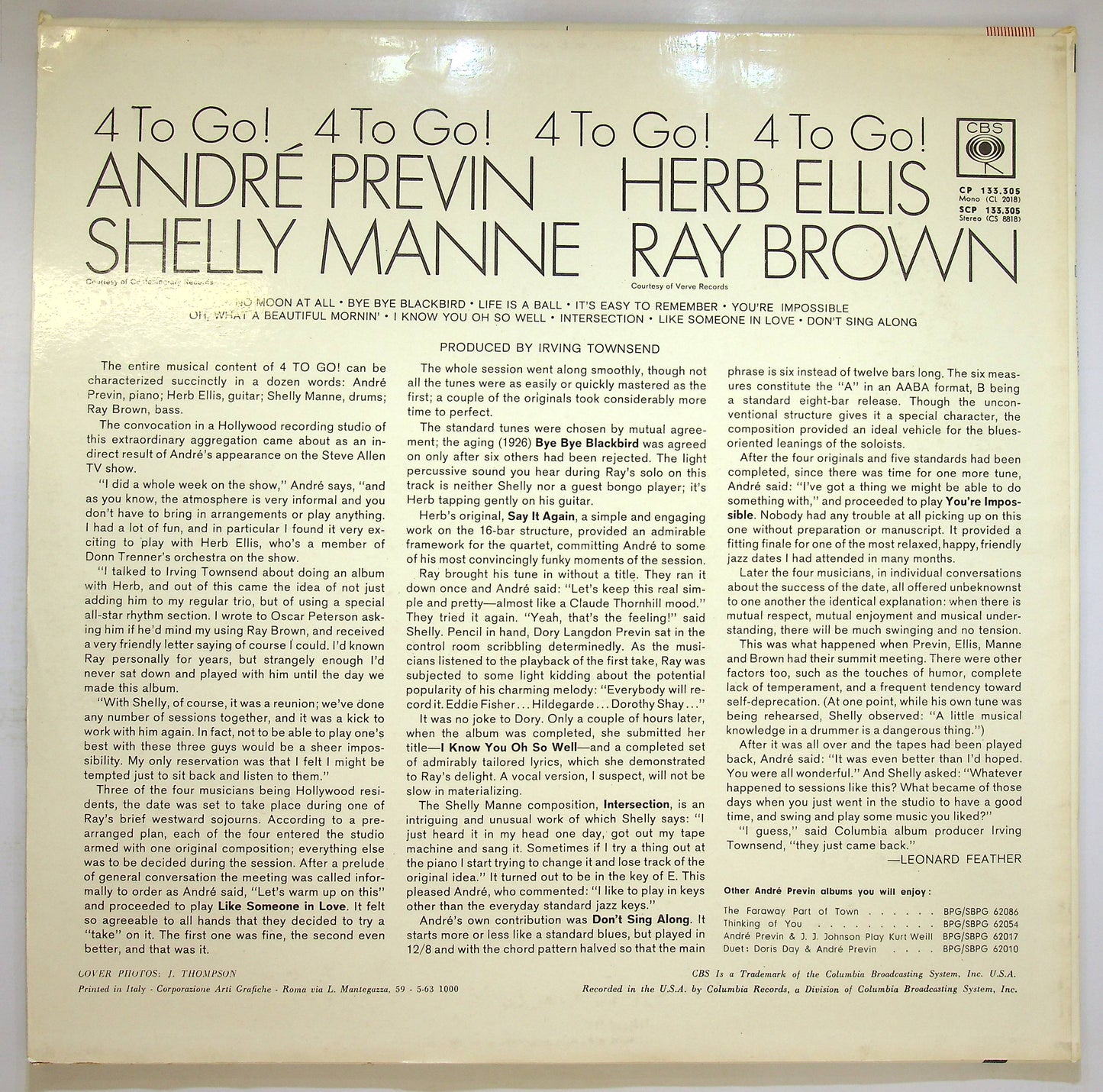 EBOND Andre Previn / Herb Ellis / Shelly Manne - 4 To Go! Vinile V074055