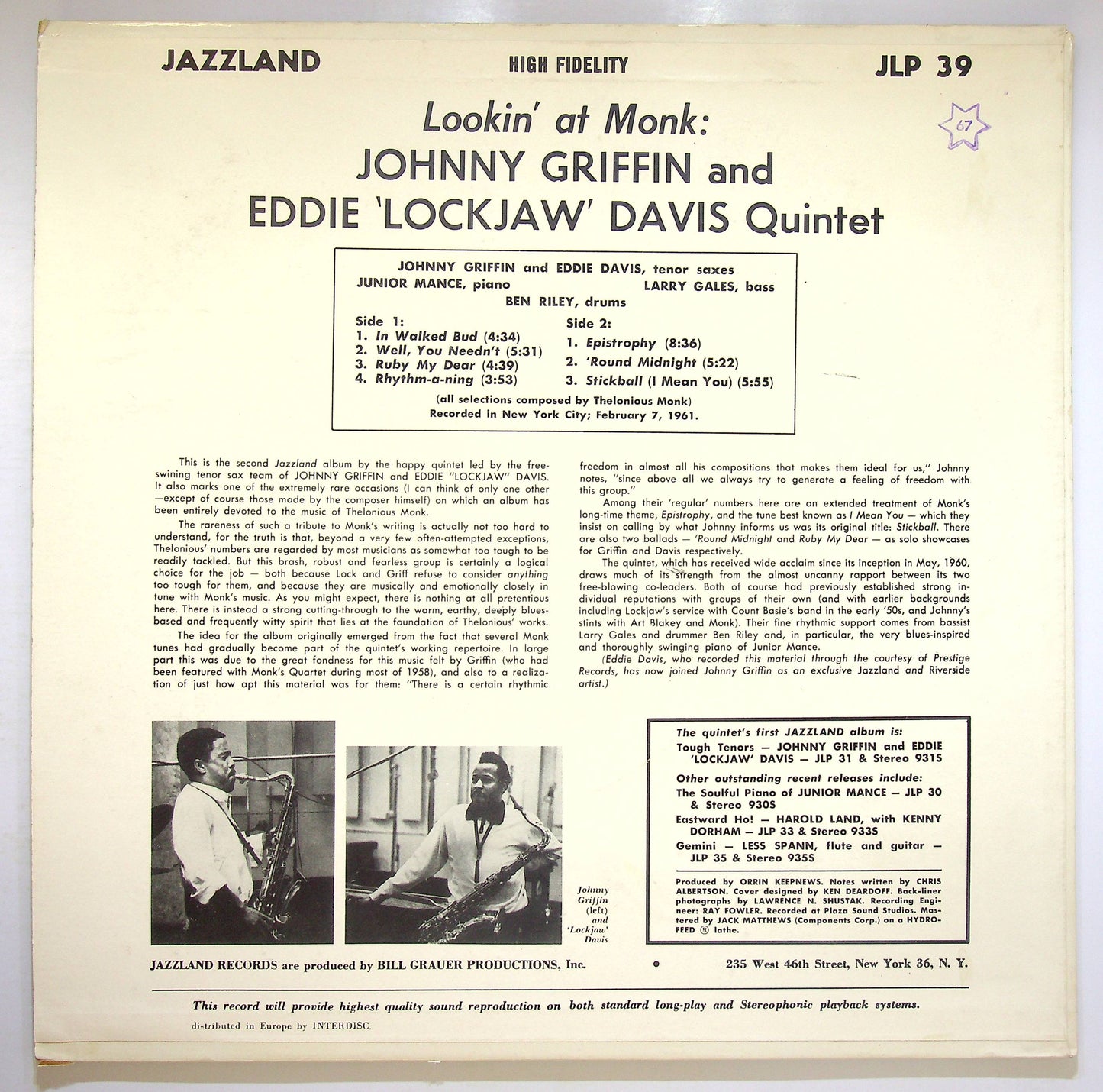 EBOND Johnny Griffin, Eddie ''Lockjaw'' Davis - Lookin' At Monk Vinile V075017