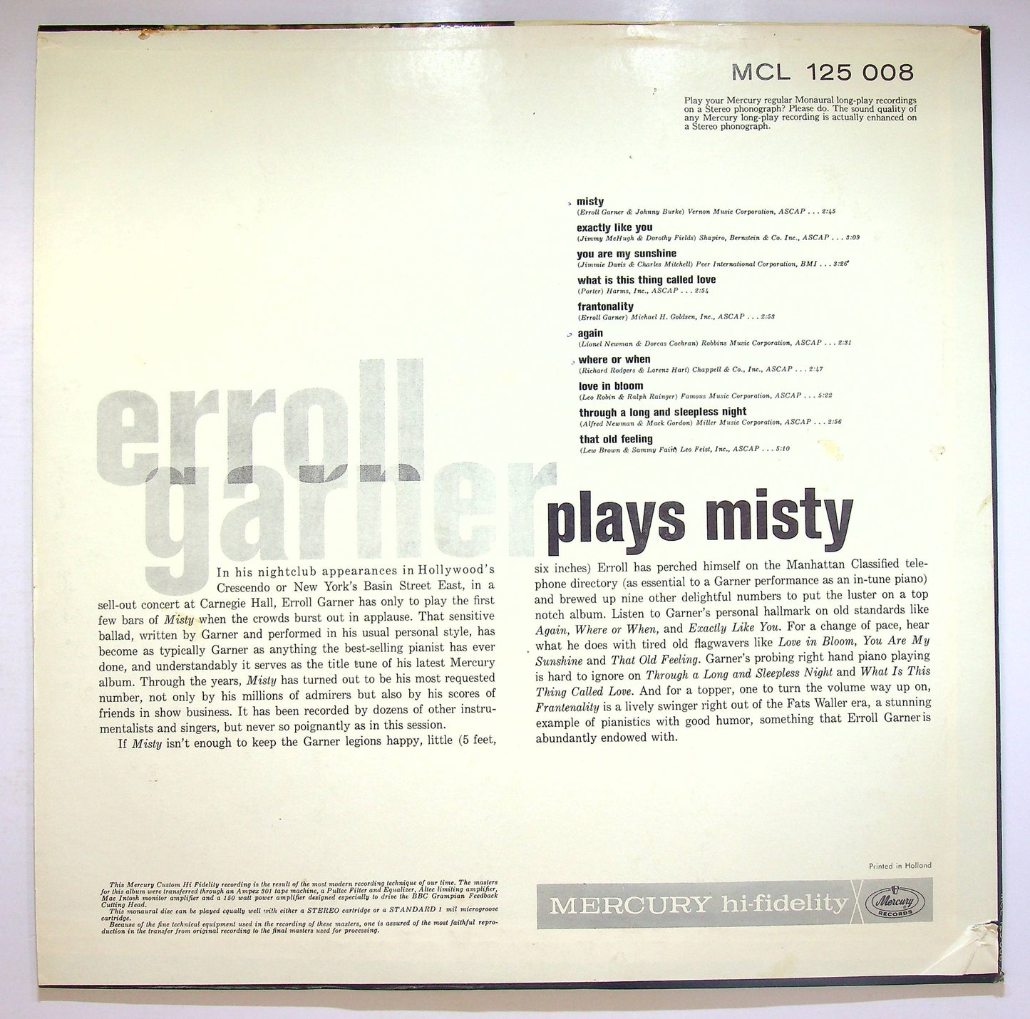 EBOND Erroll Garner - Erroll Garner Plays Misty Vinile V075018