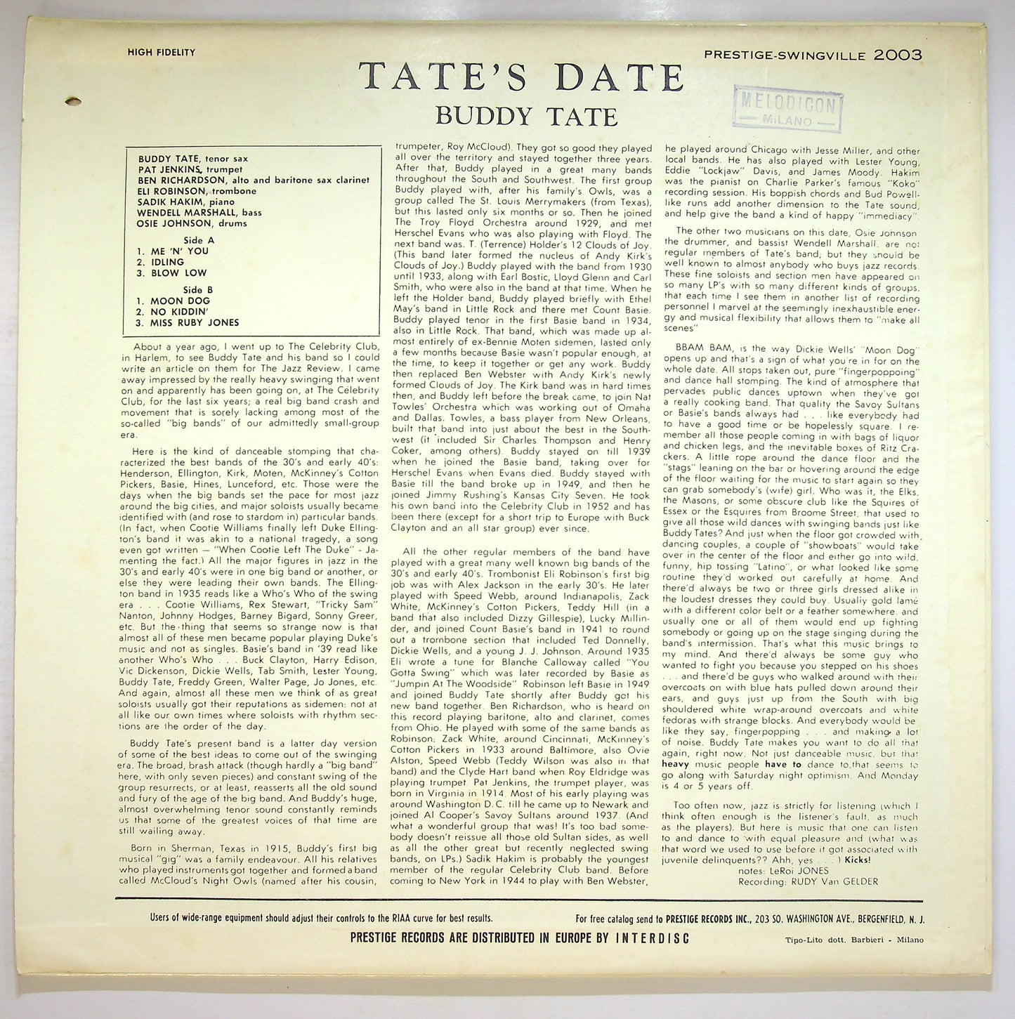 EBOND Buddy Tate And His Band - Tate's Date Vinile V075139