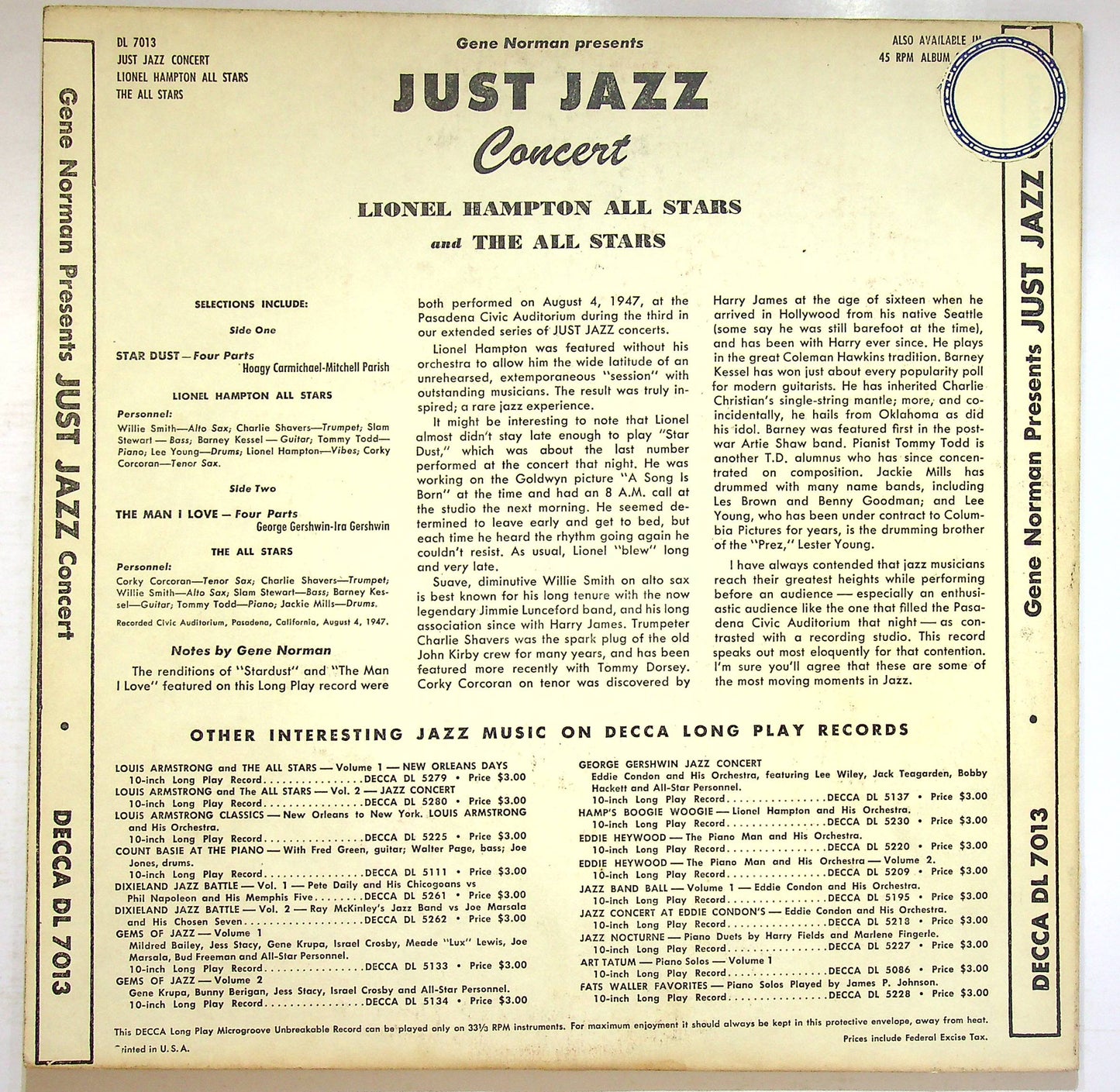 EBOND Gene Norman Presents ''Just Jazz'' Concert Vinile V076001