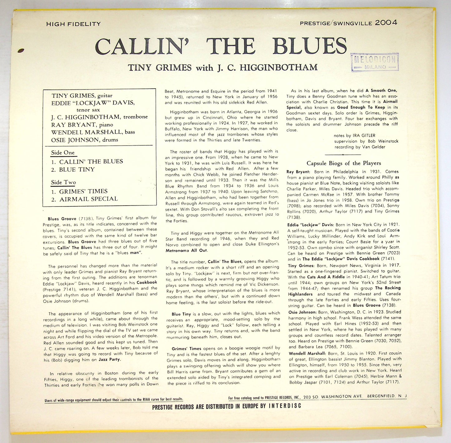 EBOND Tiny Grimes / J.C. Higginbotham - Callin' The Blues Vinile V076052