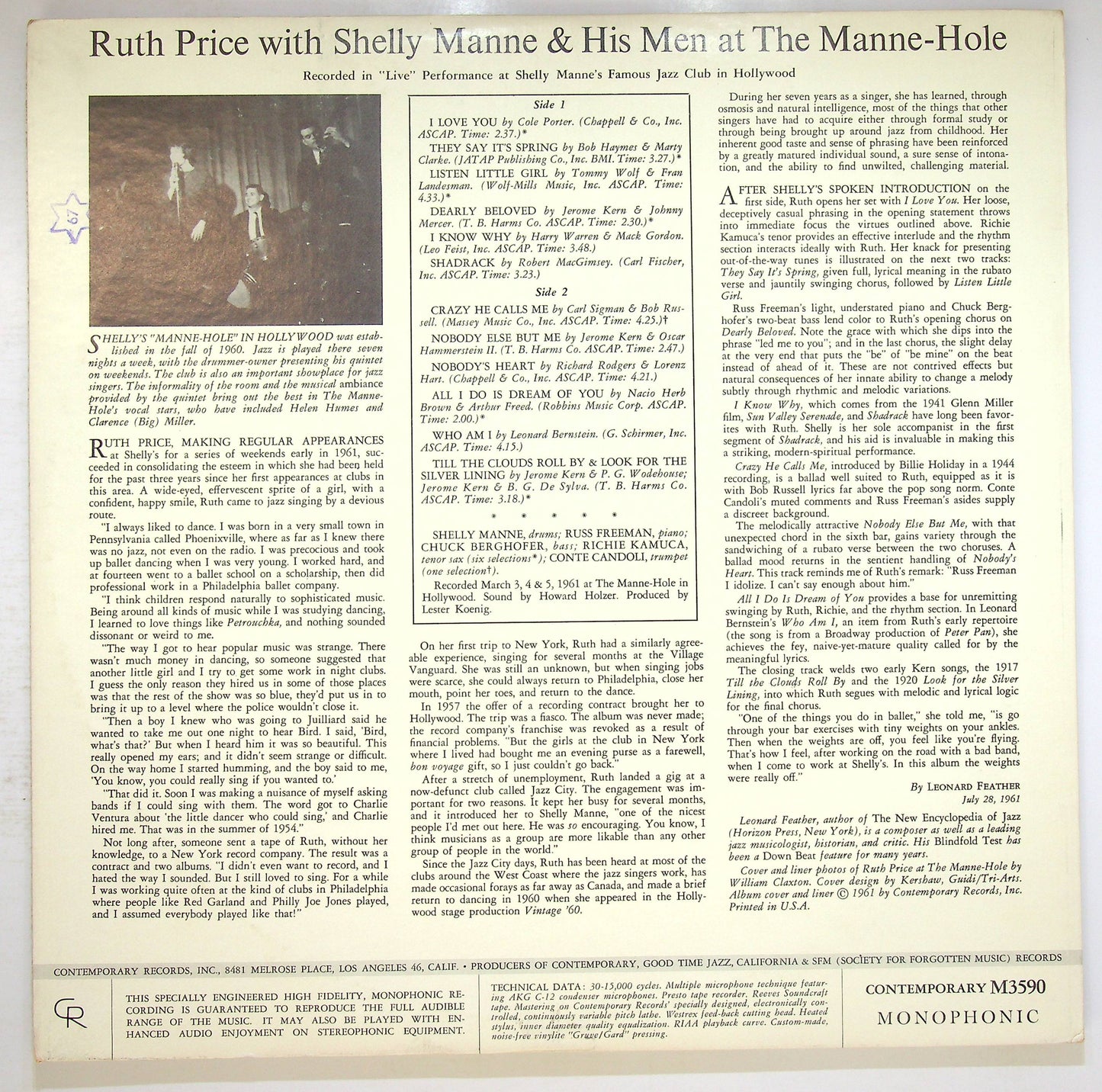 EBOND Ruth Price With Shelly Manne & His Men - At The Manne Hole Vinile V076134