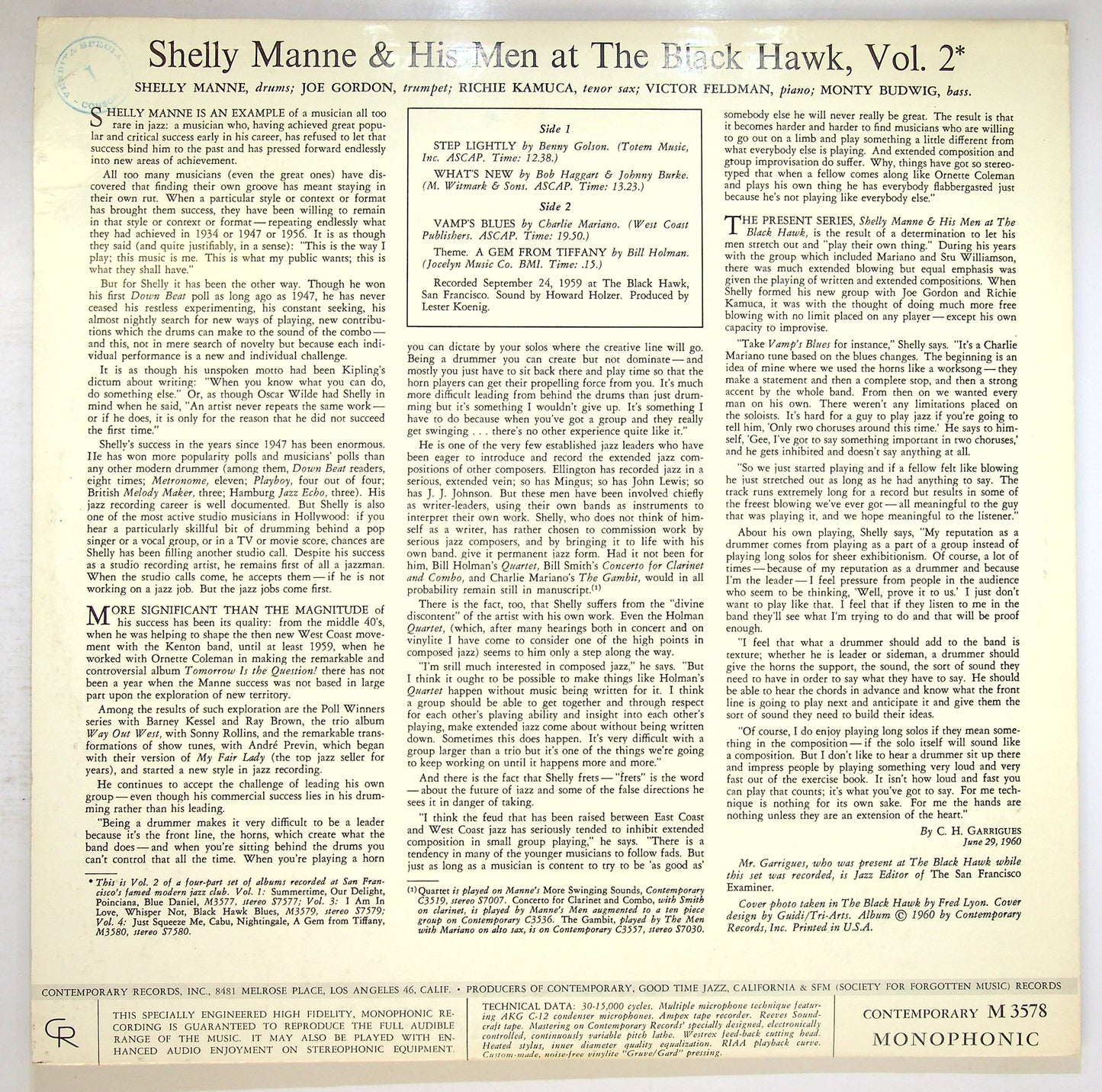 EBOND Shelly Manne & His Men - At The Black Hawk, Vol. 2 Vinile V076136