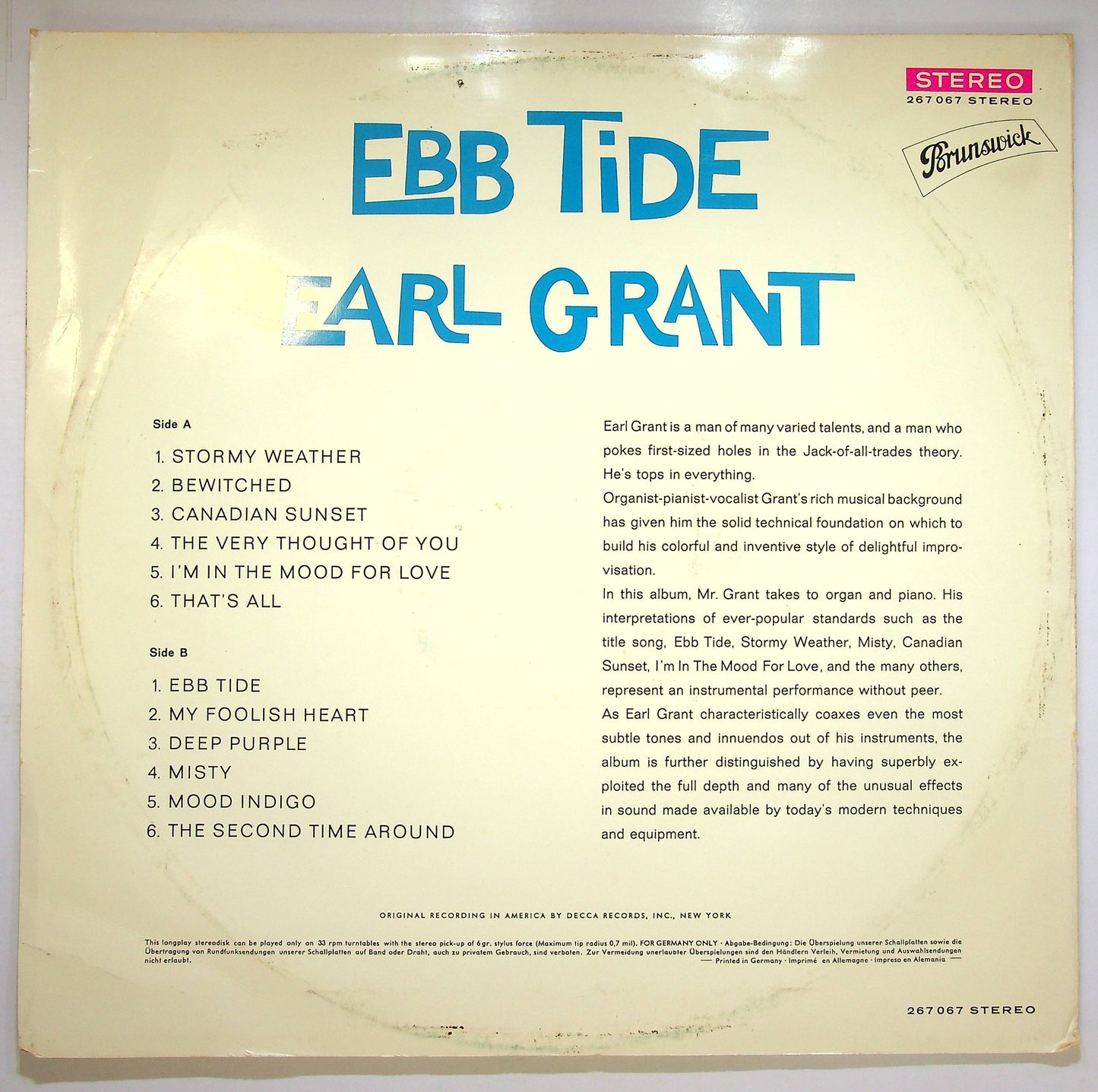 EBOND Earl Grant - Ebb Tide And Other Instrumental Favorites Vinile V078103