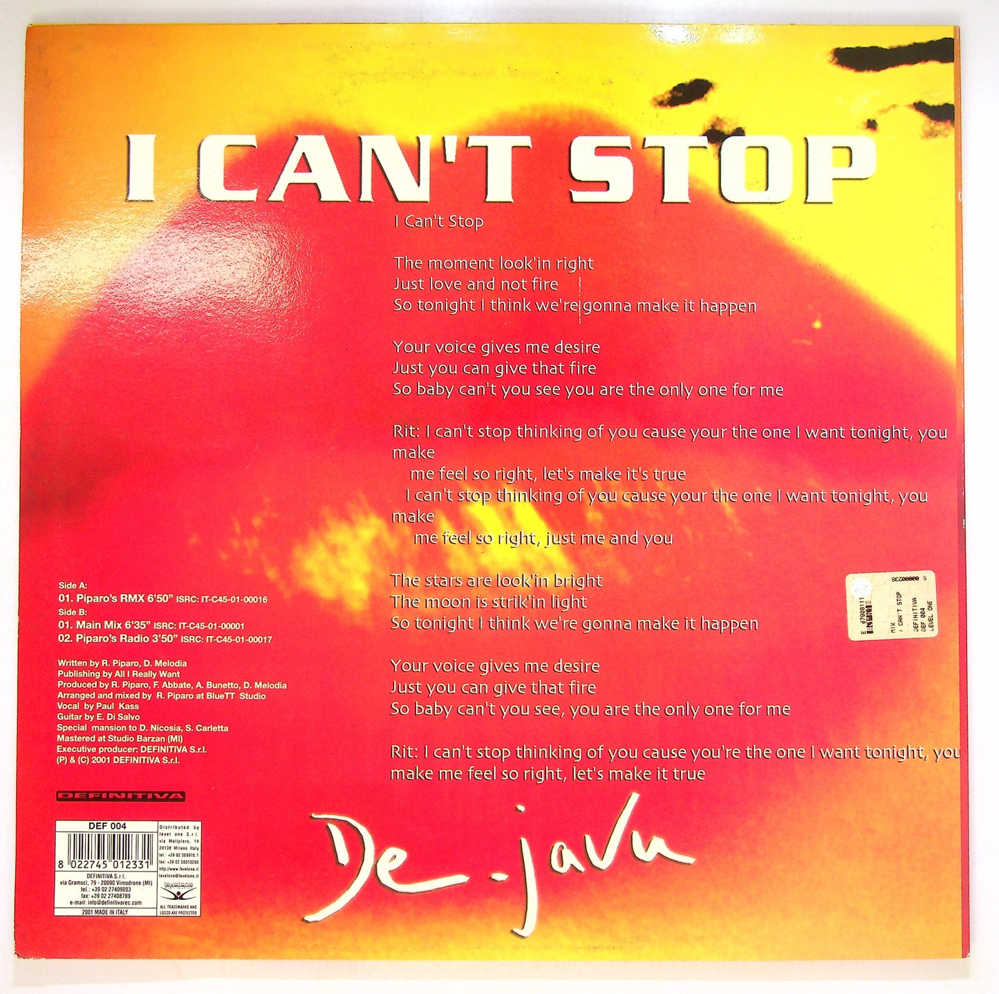 EBOND De-Javu - I Can't Stop (Piparo's RMX) Vinile V092048