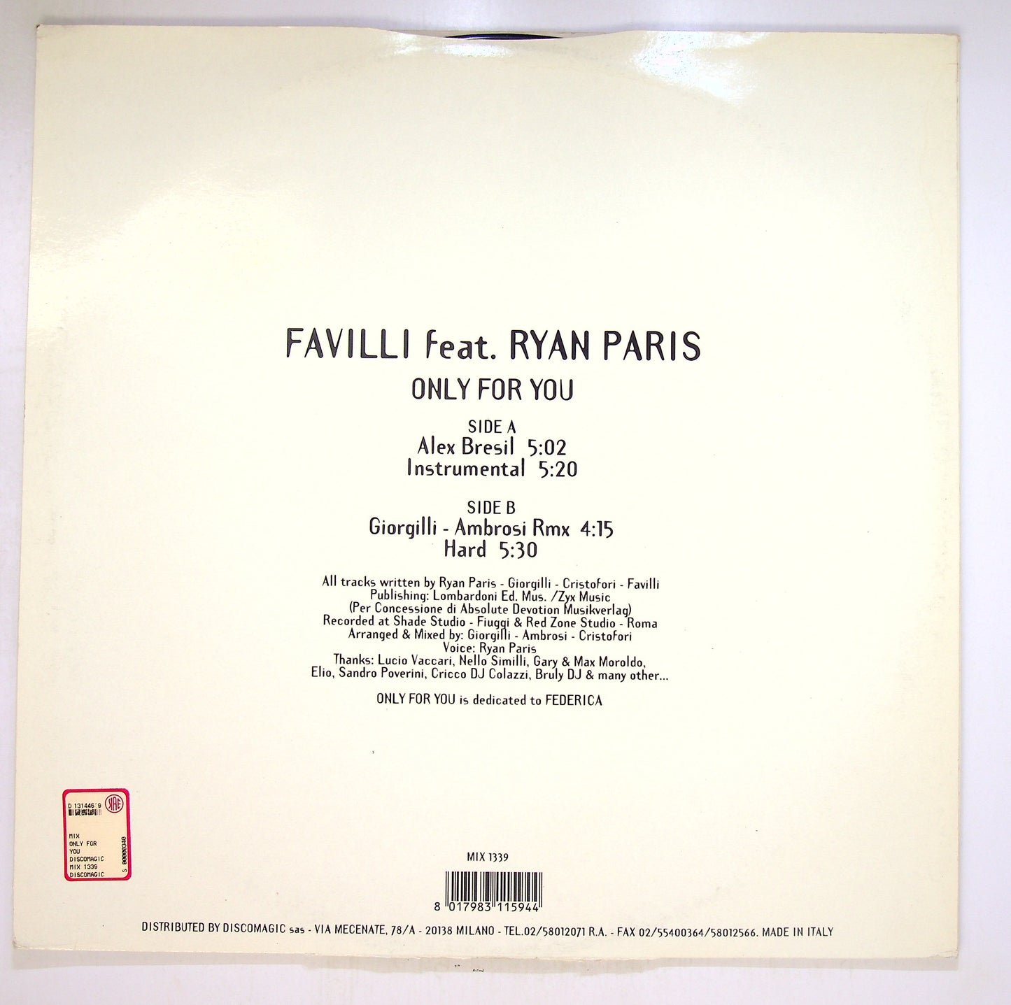 EBOND Favilli Feat. Ryan Paris - Only For You Vinile V096019