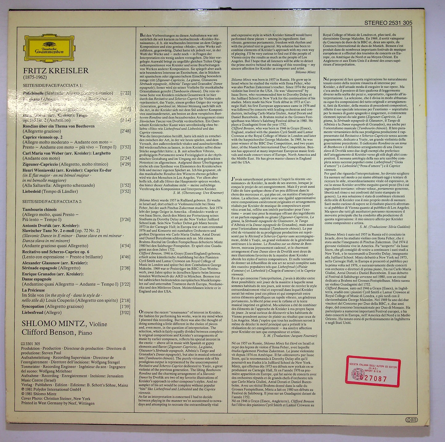 EBOND Fritz Kreisler Recital (Liebesfreud, Liebesleid...) Vinile V107124