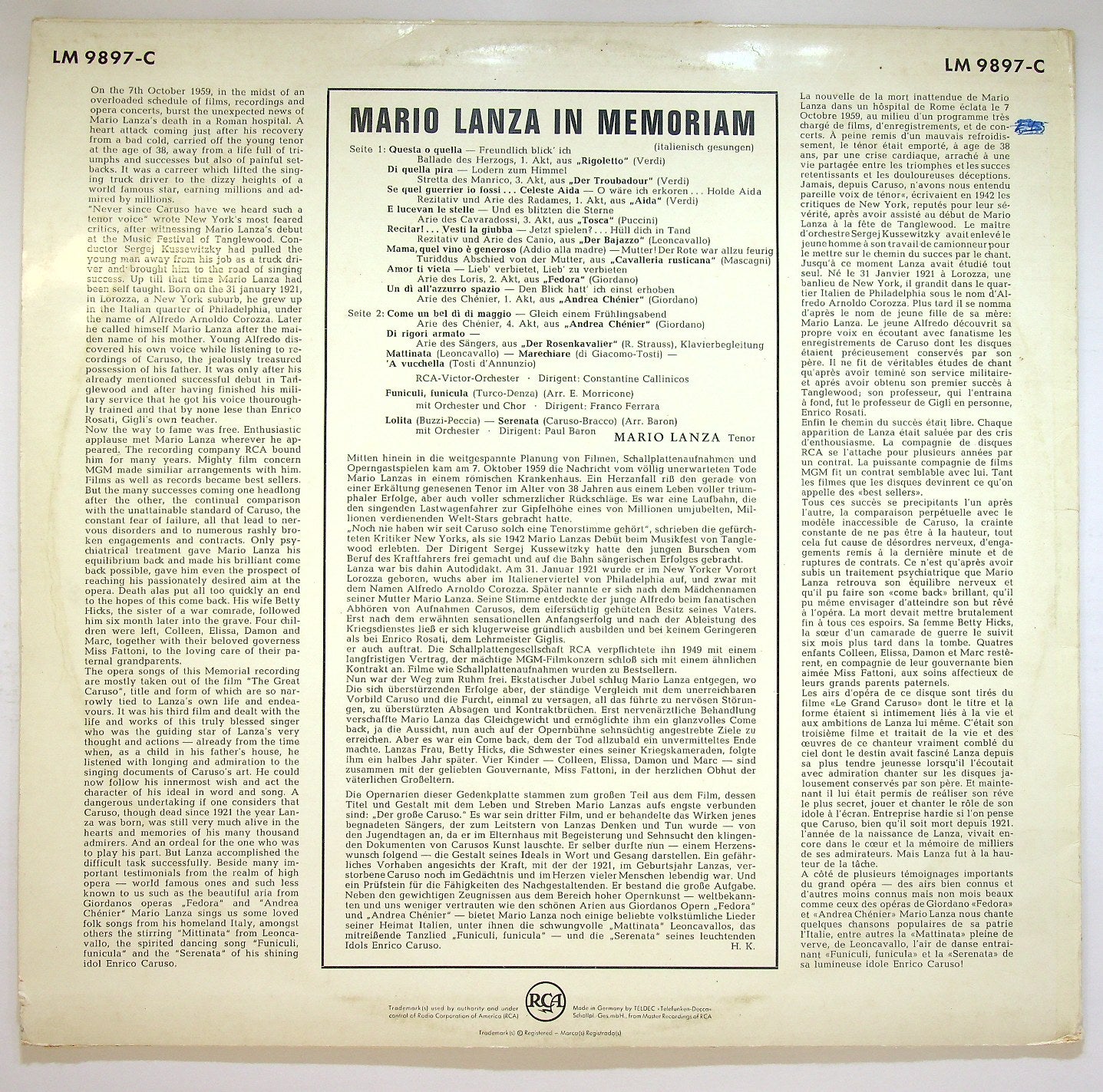 EBOND Mario Lanza - In Memoriam Vinile V121011