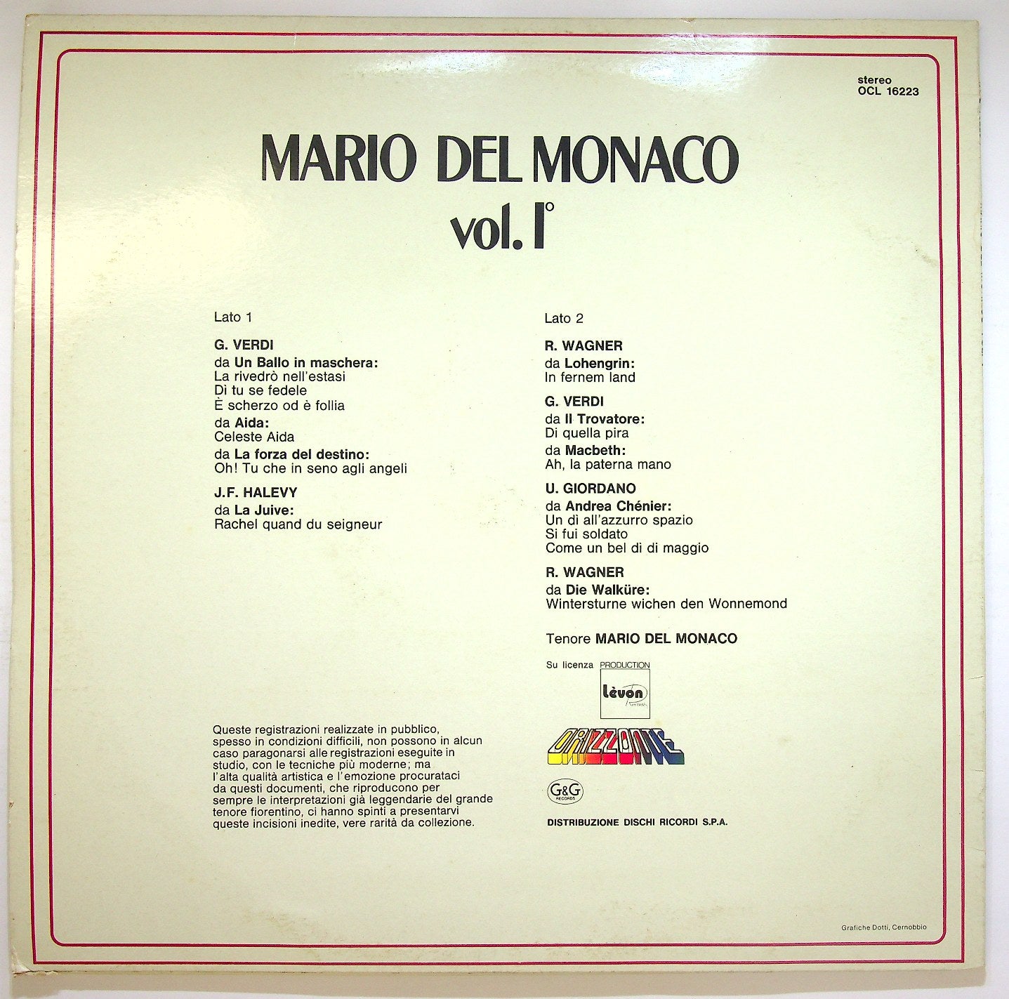 EBOND Mario Del Monaco - Mario Del Monaco Vol. I° Vinile V121023