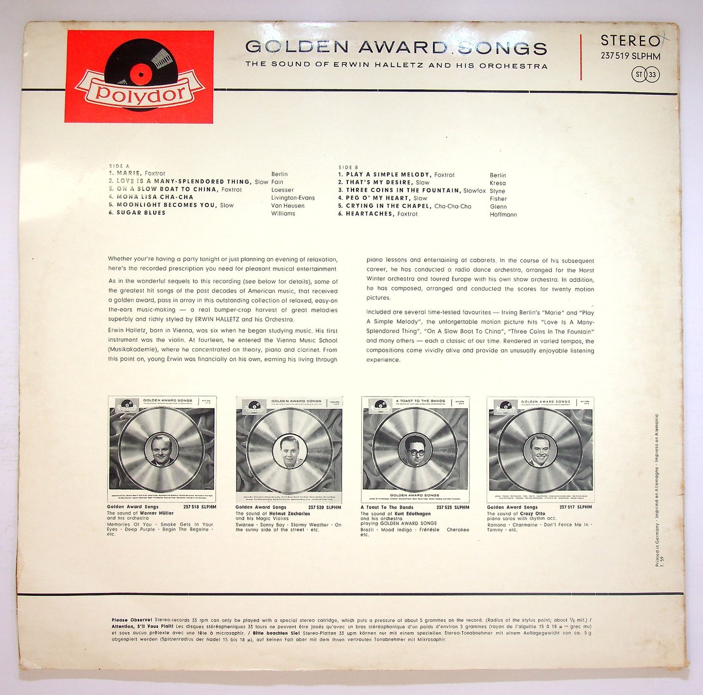 EBOND Erwin Halletz - Golden Award Songs Vinile V121081