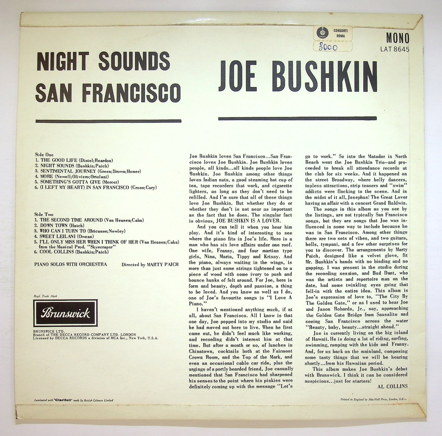 EBOND Joe Bushkin , Marty Paich - Night Sounds San Francisco Vinile V121095