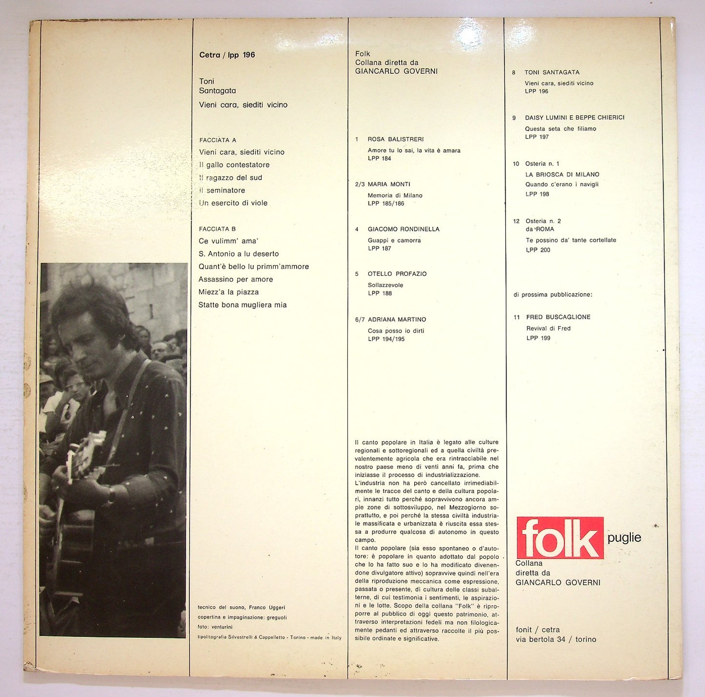 EBOND Tony Santagata - Vieni Cara Siediti Vicino Vinile V126040