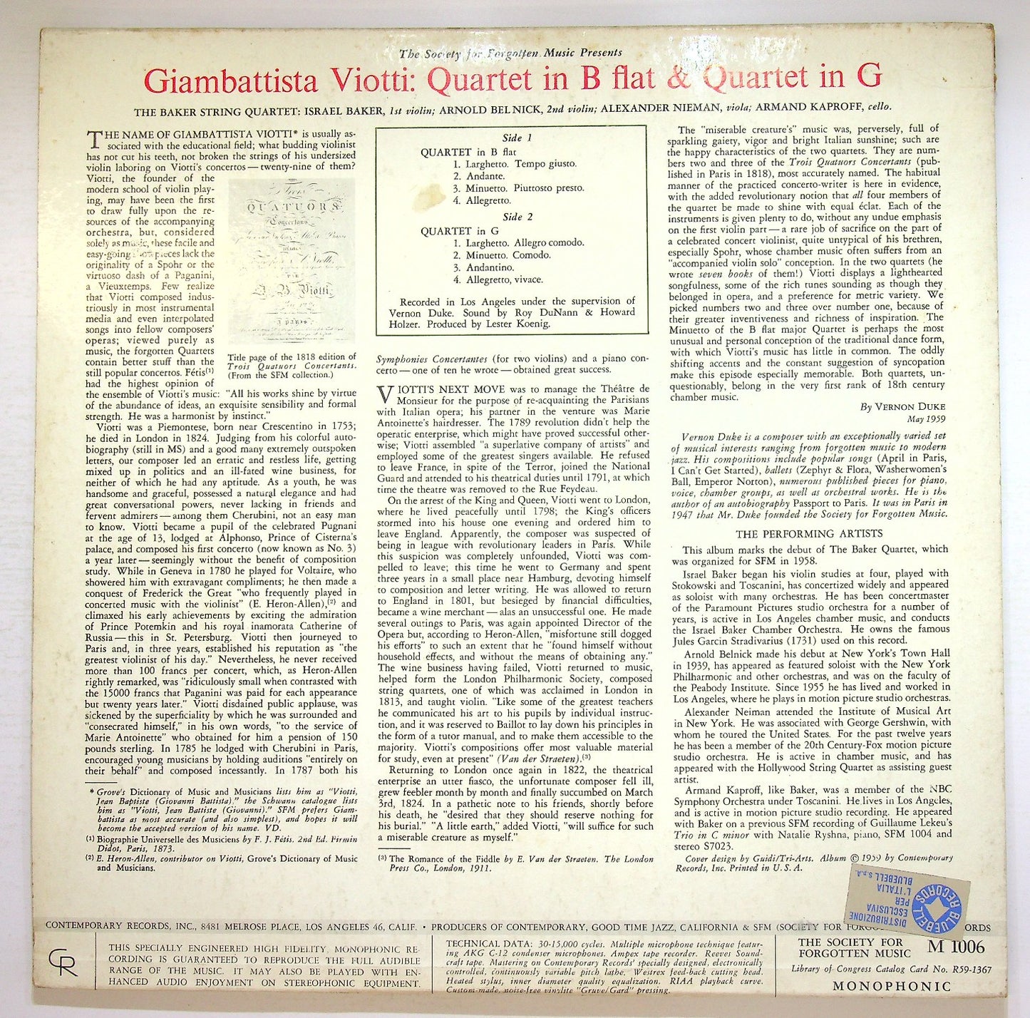 EBOND Viotti , The Baker String Quartet - Quartet In B Flat Vinile V127055