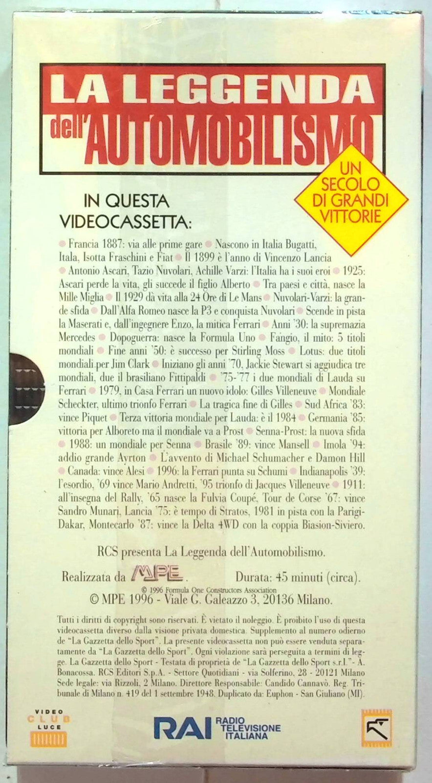 EBOND La Leggenda Dell'automobilismo Un Secolo Di Vittorie Edit. VHS VH001415