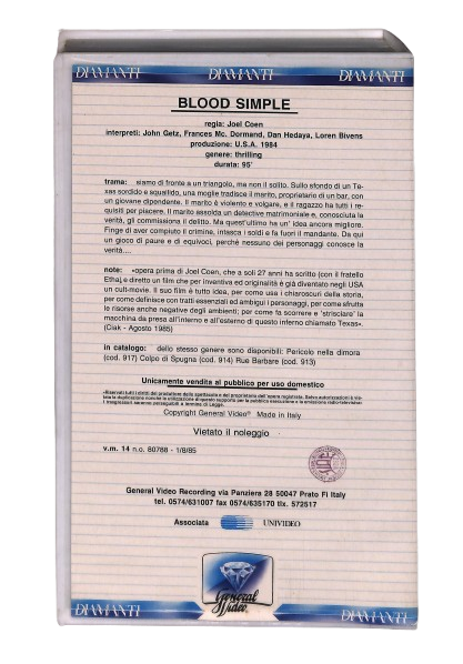 EBOND Blood Simple General Video VHS VH004179