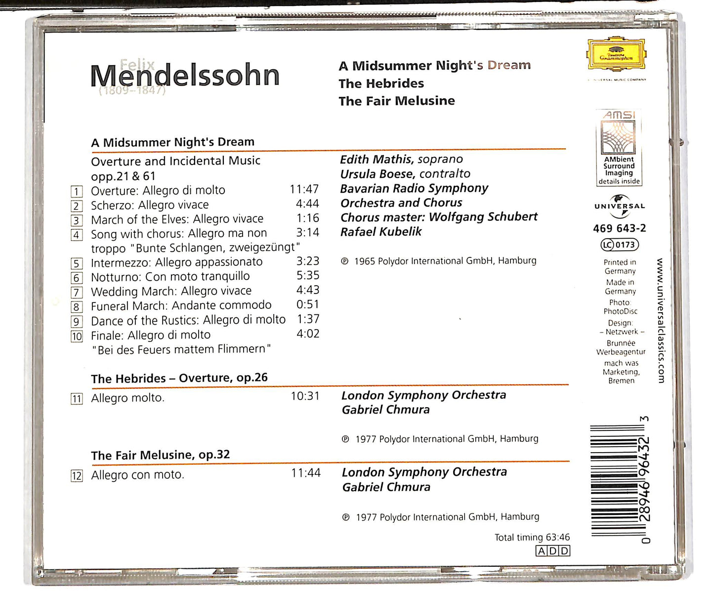 EBOND Felix Mendelssohn Bartholdy*, Bavarian Radio Symphony Orchestra* And Chorus*, London Symphony Orchestra* · Chmura* · Kubelik* - A Midsummer Night's Dream / The Hebrides / The Fair Melusine CD CD038001