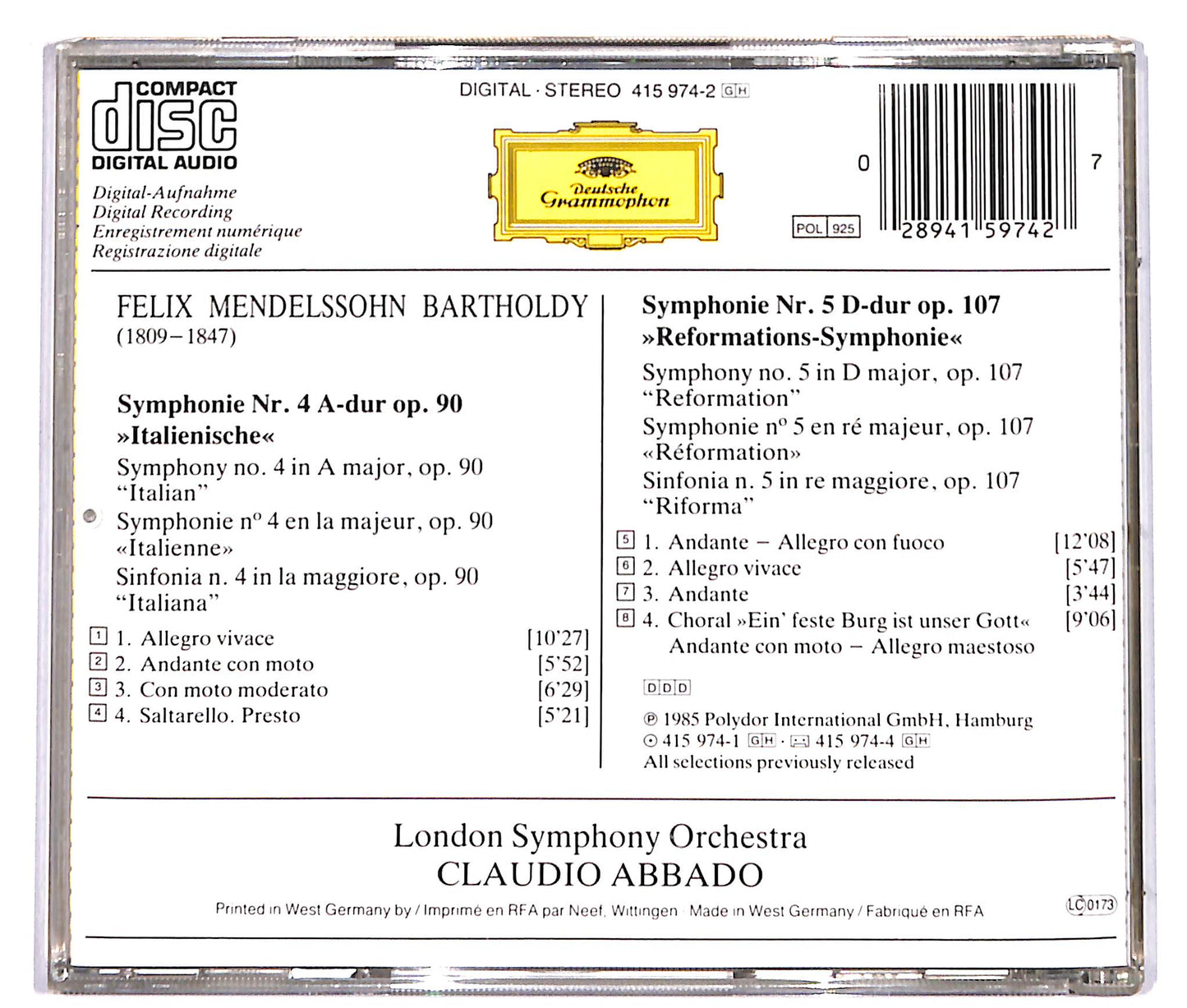 EBOND Mendelssohn*, London Symphony Orchestra*, Claudio Abbado - Symphonien 4 & 5 CD CD038301
