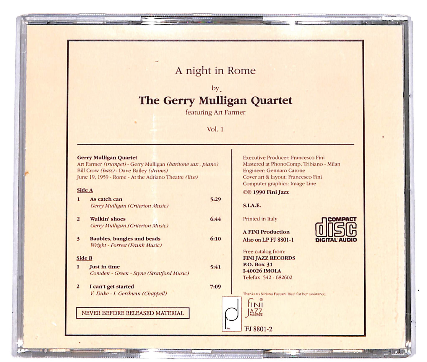 EBOND The Gerry Mulligan Quartet* - A Night In Rome Vol. 1 CD CD040025