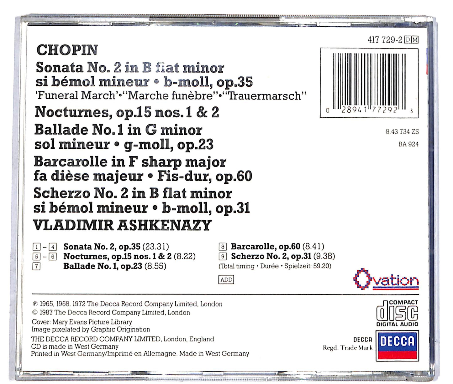 EBOND Chopin* - Vladimir Ashkenazy - Sonata No.2 / Nocturnes Op.15 Nos.1 & 2 / Ballade No.1 / Scherzo No.2 / Barcarolle CD CD041524