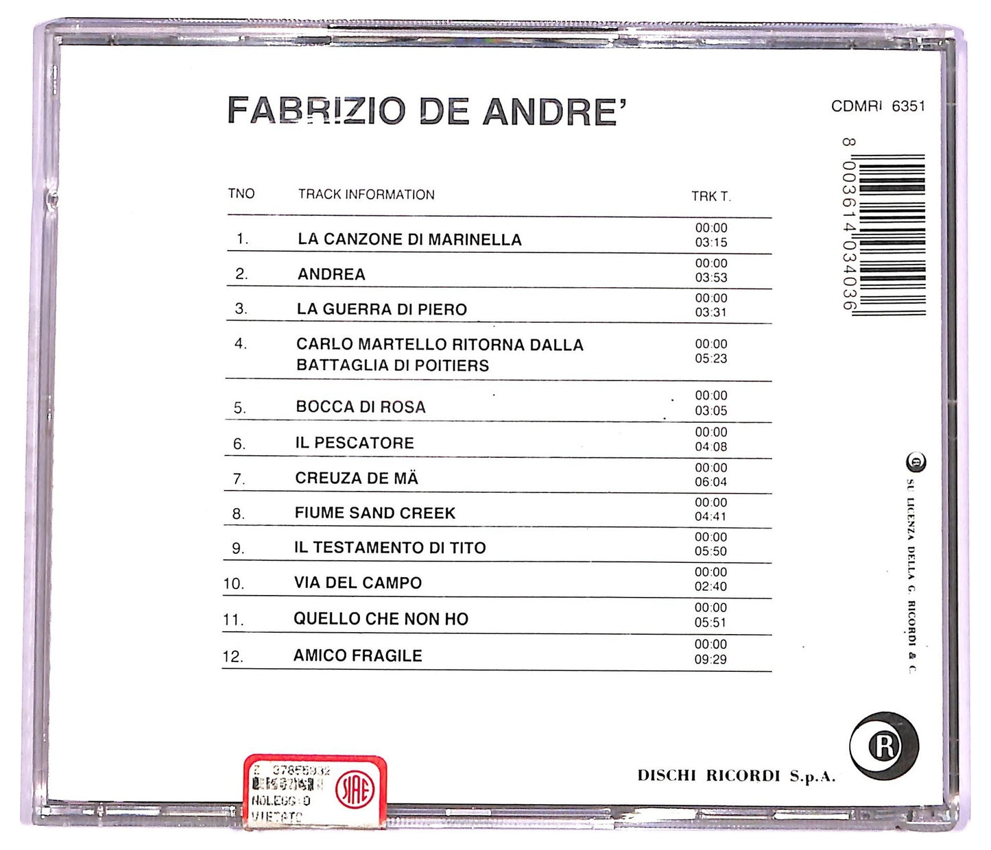 EBOND Fabrizio De Andre - Fabrizio De Andre CD CD072206