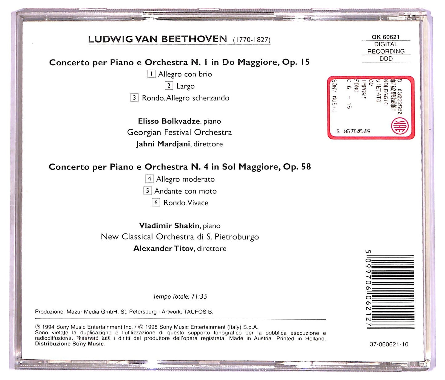 EBOND Ludwig Van Beethoven - Concerti N.1 E N.4 CD CD087142